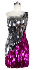 Short Handmade Rectangle Paillette Sequin Dress in Fuscia and Silver with One-shoulder Cut front view