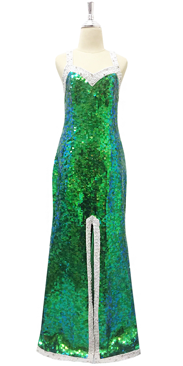 Handmade Long Hologram Green Gown with Silver Trims (2020-032)