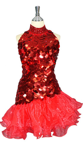Handmade Short Red Sequin Dress with Organza Ruffle Skirt