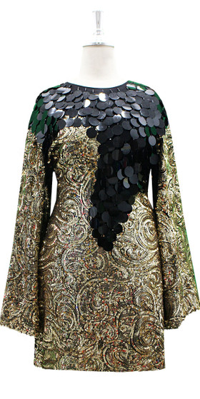 Short Baroque Gold Sequin Fabric Dress with Black Jumbo Sequins