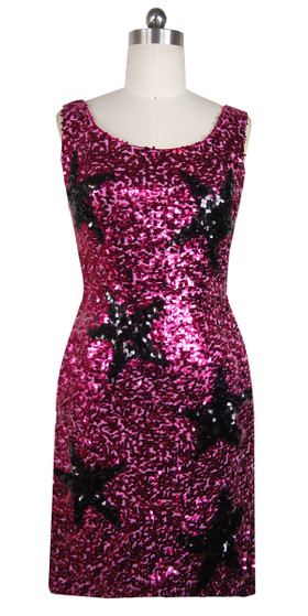 Short Dress | Star pattern | Sequin Spangles Fabric | Fuchsia | Black |  SequinQueen