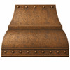Front view of large hammered copper range hood with antique patina, double-curved canopy, clavos and deep apron