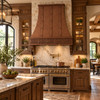 Designer copper range hood with gothic apron featured in a country estate kitchen
