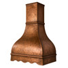 Scalloped dome copper range hood front view with stepped neck, rectangular chimney, and wave apron angled view