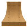 Antique copper range hood side view on white background, hand hammered copper canopy with flared trapezoidal shape, riveted straps and aged patina finish