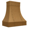 Antique copper range hood angled view on white background, hand hammered copper canopy with flared trapezoidal shape, riveted straps and aged patina finish