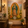 Mexican tile mural of our lady of guadalupe with cactus design in a traditional powder room.