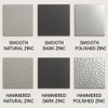Zinc range hood with curved apron & rivet trim finish samples showing natural, dark, and polished swatches