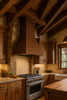 High ceiling copper range hood in a rustic style kitchen
