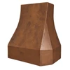 Side view of faceted bell copper range hood with concave canopy and chamfered apron