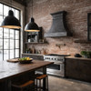 Industrial loft style kitchen with a dark hammered zinc range hood with tiered crown and tapered canopy