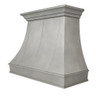 Architectural zinc range hood with flared canopy and crown detail front view, smooth zinc surface with tapered silhouette and refined upper molding