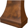 Old world copper vent hood angled view, smooth aged copper finish with riveted apron bands, flared canopy profile and rustic patina details on white background