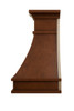 Decorative copper kitchen vent hood with silver vertical straps side view, hammered copper canopy with contrasting metal bands and tapered profile silhouette