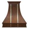 Decorative copper kitchen vent hood with silver vertical straps front view, hammered copper canopy with contrasting metal bands and riveted detailing