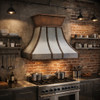48-inch iron range hood with riveted straps and flared collar in a loft style kitchen