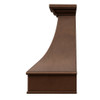 Decorative copper kitchen range hood side view, hammered copper canopy with dark riveted straps and carved apron profile detailing
