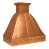 Polished copper range hood with Rococo apron design, view from the angle