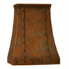 Angled view of handcrafted hacienda copper range hood with riveted straps