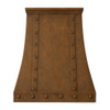 Handcrafted hacienda copper range hood with riveted straps, front view