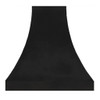 Smooth zinc range hood with darkened patina finish and refined surface tone