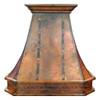 Front view of handmade copper range hood with rustic finish