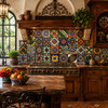 Mexican relief tile pattern mix in California mission revival style kitchen