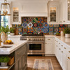 Transitional kitchen design with Mexican relief tile pattern mix
