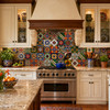 Backsplash in a traditional American kitchen decorated with Mexican relief tile pattern mix