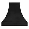 Black zinc bell range hood with a tall tapered silhouette that widens smoothly into a broad capture base