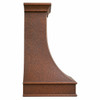 Hand-hammered bell copper range hood with architectural apron shown from side with deep curved profile