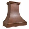 Hand-hammered bell copper range hood with architectural apron shown angled with flared canopy and crown