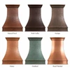 Hand-hammered bell copper range hood with architectural apron shown in six artisan copper finish options