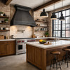 Black zinc range hood with curved apron in an industrial loft style kitchen