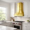 Riveted flare tin range hood with stepped base in classic American kitchen with Shaker cabinets and simple trim