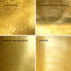 Four finish swatches for riveted flare tin range hood with stepped base, showing hammered or smooth, natural or polished