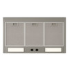 Underside view of tin range hood with riveted seam bands, showing optional insert equipped with two speed fan, lights and filters