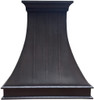 Dark zinc range hood with flared canopy and seamless straps