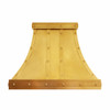 Riveted tin range hood with curved bell canopy and flared lower skirt, front view