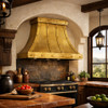 Riveted tin bell canopy range hood in Colonial Revival kitchen with Saltillo tile and dark wood