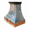 Polished zinc range hood with copper straps and apron side view