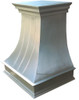 Natural zinc range hood with curved body and crown molding side view