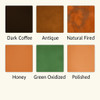 Six patina finish options for a smooth recirculating copper range hood: coffee, antique, natural, honey, green and hand-polished