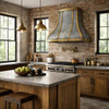 Antique zinc range hood with brass straps and rivets in an industrial vintage kitchen