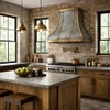 Antique zinc range hood with brass straps and rivets in an industrial vintage kitchen with brick, wood, and black steel