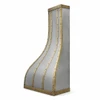 Antique zinc range hood with brass straps and rivets, side view showing the tall bell profile and brass edging