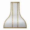 Antique zinc range hood with brass straps and rivets, front view with smooth natural zinc finish
