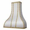 Antique zinc range hood with brass straps and rivets, angled view showing smooth natural zinc and brass trim