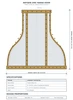 Technical drawing of antique zinc range hood with brass straps and rivets showing proportions and bell-shaped profile