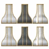 Six antique zinc range hoods with brass straps and rivets displayed in six zinc finish options